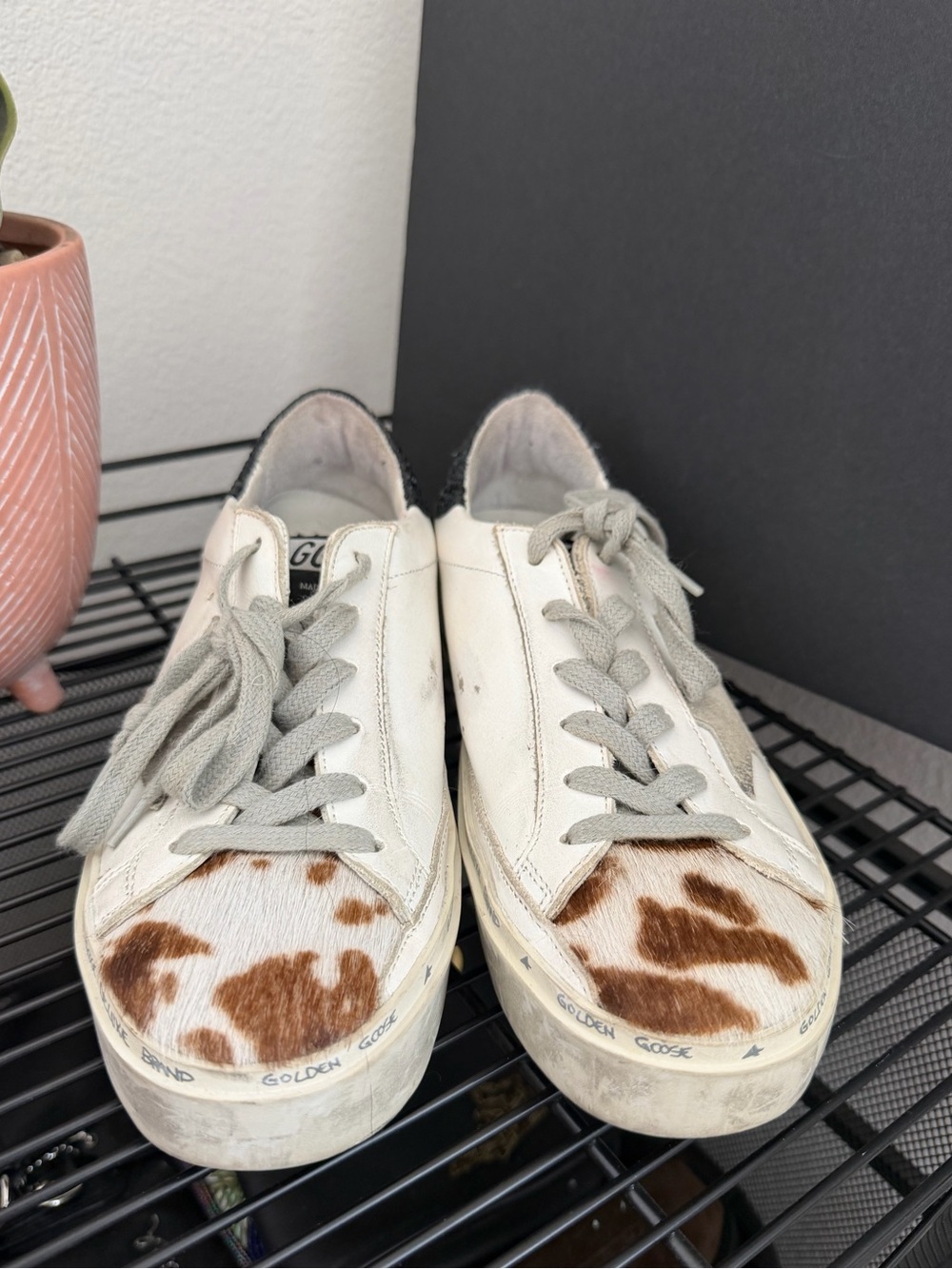 GOLDEN GOOSE white leather-cow pony-ice suede star sneakers size 36